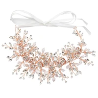 luxury bride rhinestone blossoms pearl headband rose gold crystal wedding headpiece bridal hair vine accessories ribbon tiara