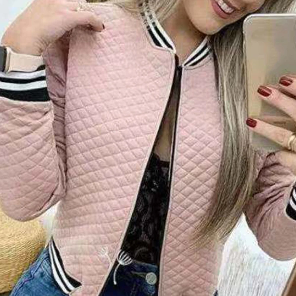 Розовый Women Spring Autumn Jackets Long Sleeve Tops Short Basic Jackets Thin Bomber Baseball Coat New Zipper Ladies Outwear D30 - Цвет: Розовый