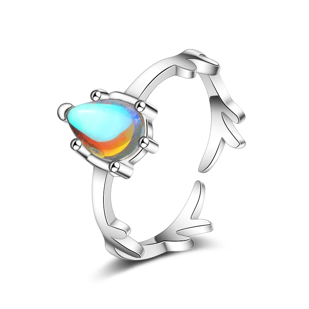 

Silver Plated New Women's Fashion Jewelry Color Crystal Moonstone Heart-shaped Elk Horn Ring Size Adjustable Opening Ring