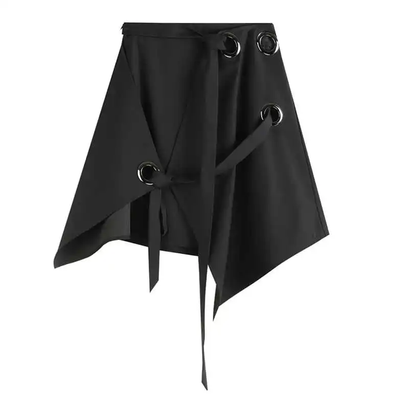 

IEQJ High Elastic Waist Half-body Asymmetrical Split Lace Up Skirt Women Fashion Hollow Out Mini A-line Streetwear 2021