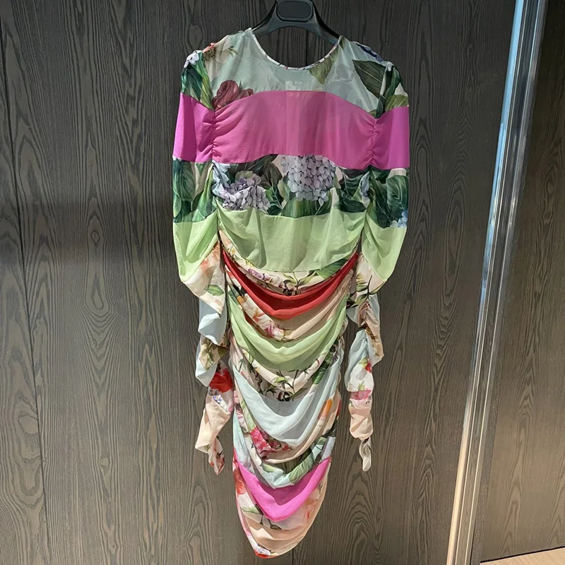 

Top Quality Fashion Runway Pure Silk Sicily Vintage Floral Stretch Tight Party Long Sleeve Woman's Dress