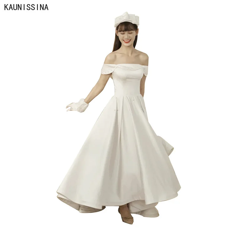 

KAUNISSINA Fashion High Low Wedding Dress Vestido De Noiva Short Sleeve Sexy Off Shoulder Bridal Gown White Simple Bride Dresses