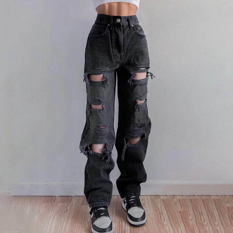 

GothGotik BF Fashion Ripped Hole Denim Jeans For Women Straight High Waist Bodycon Pants Casual Streetwear 2021 Autumn Winter