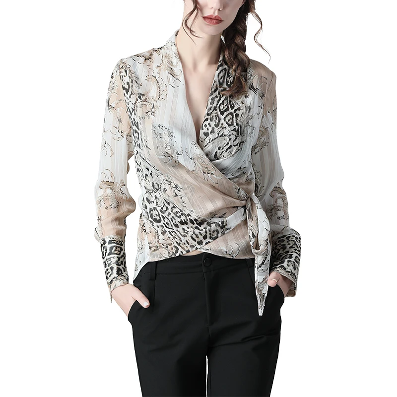 

Fashion Leopard Printed Chiffon Blouse Women Long Sleeve V-Neck Sashes Lace-up Cardigan Loose Plus Size Ladies Tops And Shirts