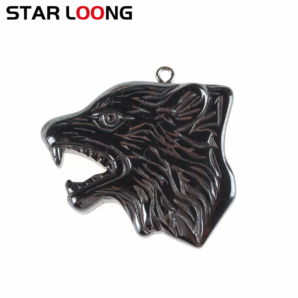 Гематитовая подвеска в виде волчьей головы из натурального камня 36*31 мм