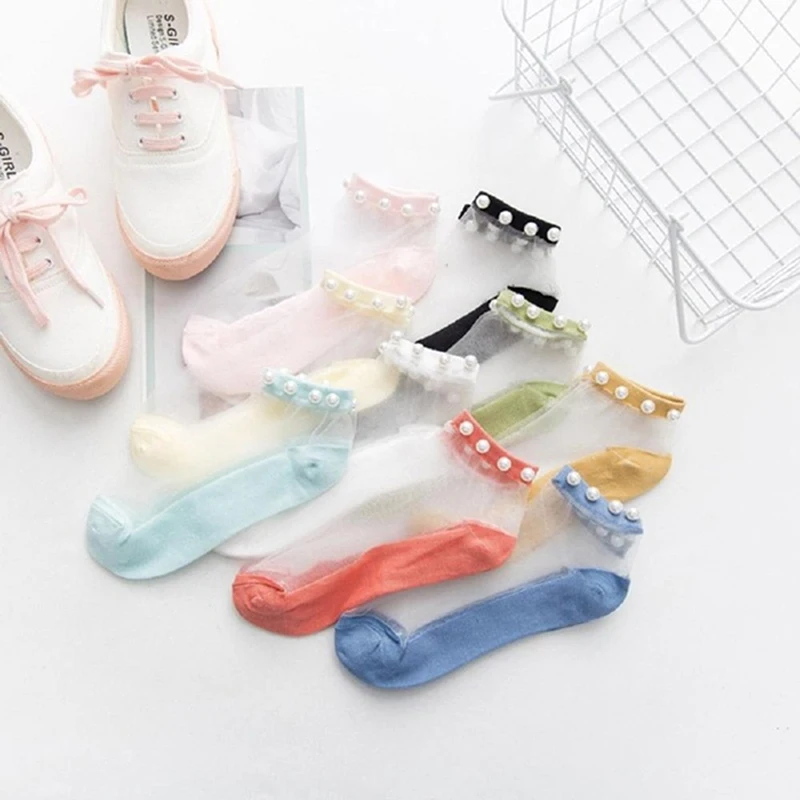 

New High Quality Summer Stylish Trendy Fashion Modern Woman Girl Glitter Shiny Pearl Socks Mesh Thin Bead Gauze Transparent Sox