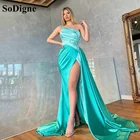 Женское атласное вечернее платье с разрезом сбоку, голубое платье-Русалка на одно плечо, для выпускного, 2021