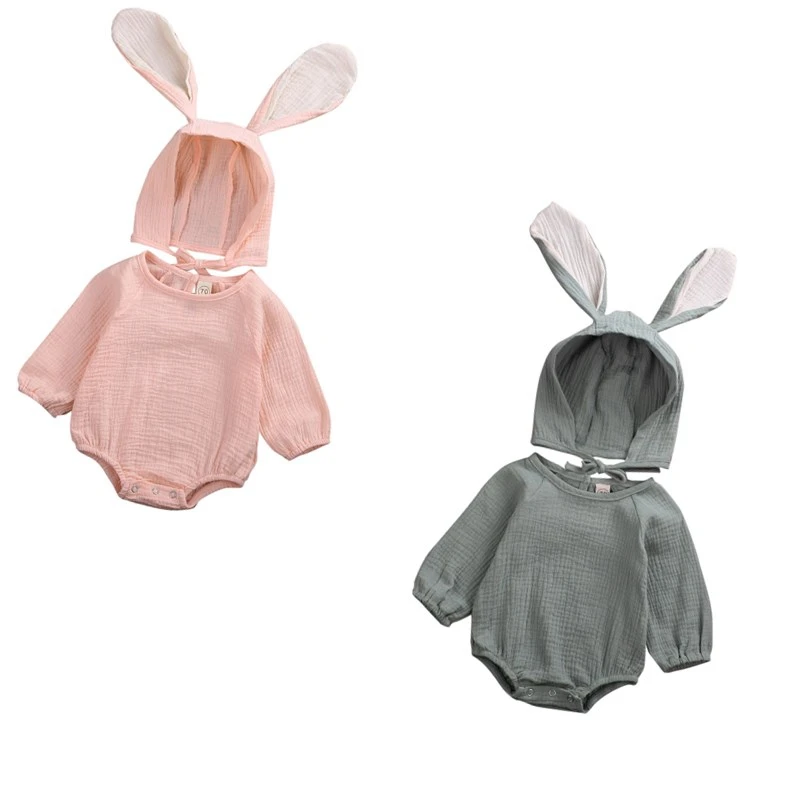 

Милый однотонный осенний комплект одежды pudcoco, комбинезон для новорожденных девочек, комбинезон, боди + шапочки с кроличьими ушками, наряды ...