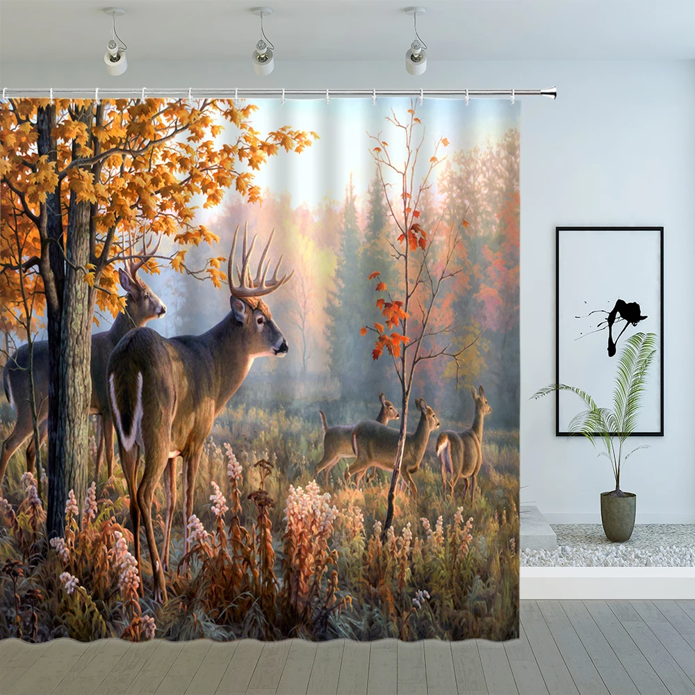 

Wild Animal Shower Curtain Lion Tiger Wolf Deer Four Seasons Natural Scenery Bathroom Decor Waterproof Cloth Hanging Curtain Set
