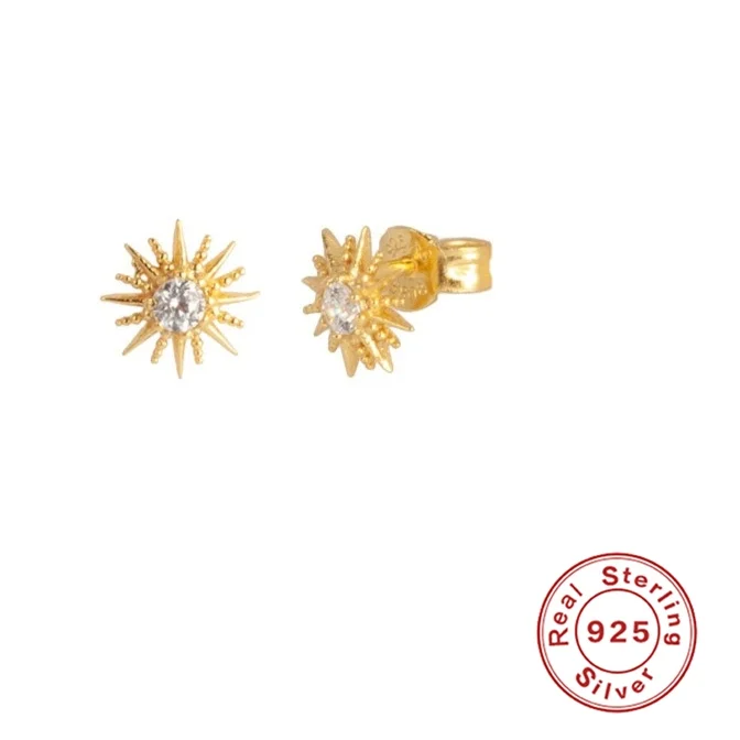 

Real Sterling Silver Earrings For Women Sun Flower Stud Earrings Zircon Diamond Korean Silver Gold Jewelry Pendientes Gold