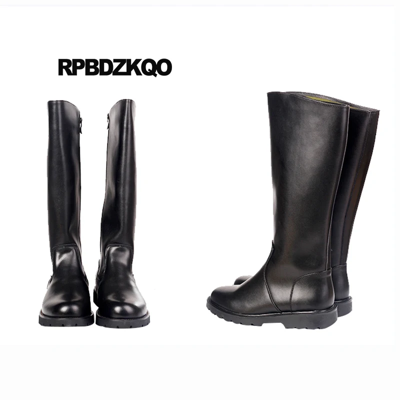 

Fur Tall Autumn Genuine Leather Durable Zipper Riding Shoes Full Grain High Quality Winter Black Flat Mens Knee Boots Plus Size