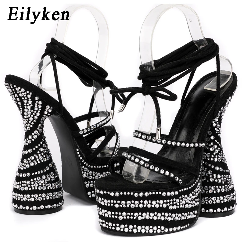 

Eilyken CRYSTAL Chunky Heels Sandals Fashion Peep Toe Ankle Cross Lace-Up Platform Women Stripper Shoes