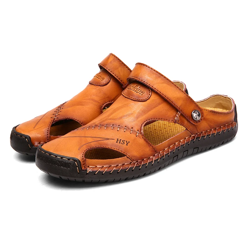 

Men Sandals Summer Leather Casual Flat Shoes Soft Comfortable Round Toe Slip On Leisure Sandals Beach Sandals Big Size 38-48