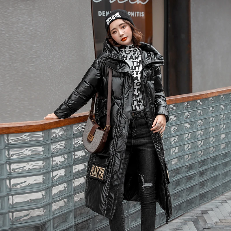 

Extra Long Section Glossy Down Cotton Coat 2022 New Parka Mujer Loose Black Cotton Jacket Lady Winter Overcoat