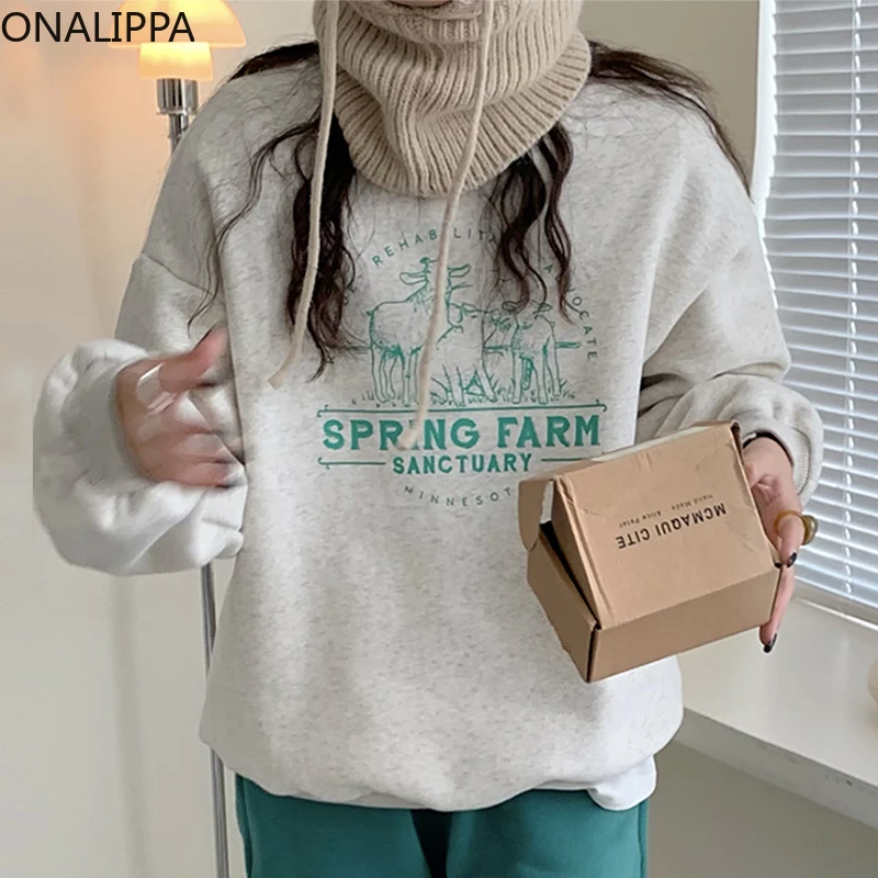 

Женский осенне-зимний пуловер Onalippa 2021, мягкая Вельветовая Толстовка свободного кроя с круглым вырезом и принтом в виде овечьих букв