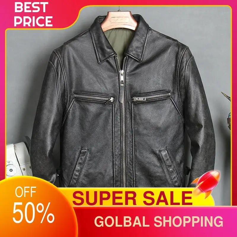 

2021 Vintage Black American Casual Style Genuine Leather Jacket Plus Size 4XL Real Natural Cowhide Slim Fit Autumn Coat