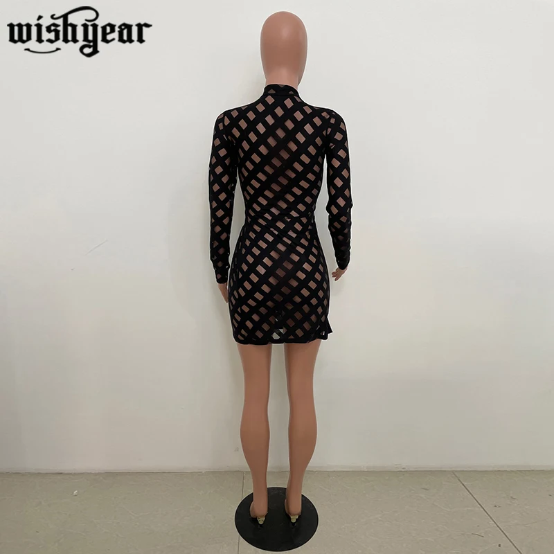

Hollow Out Side Zipper Bandage Mini Dress Women Turtleneck Long Sleeve High Split Nightclub Dresses 2021 Spring Vestidos