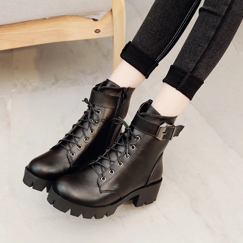 

Brand Leather Boots Woman Shoes Winter Warm Lace-up Ankle Boots For Woman High Quality Waterproof Platform Boots 35-40