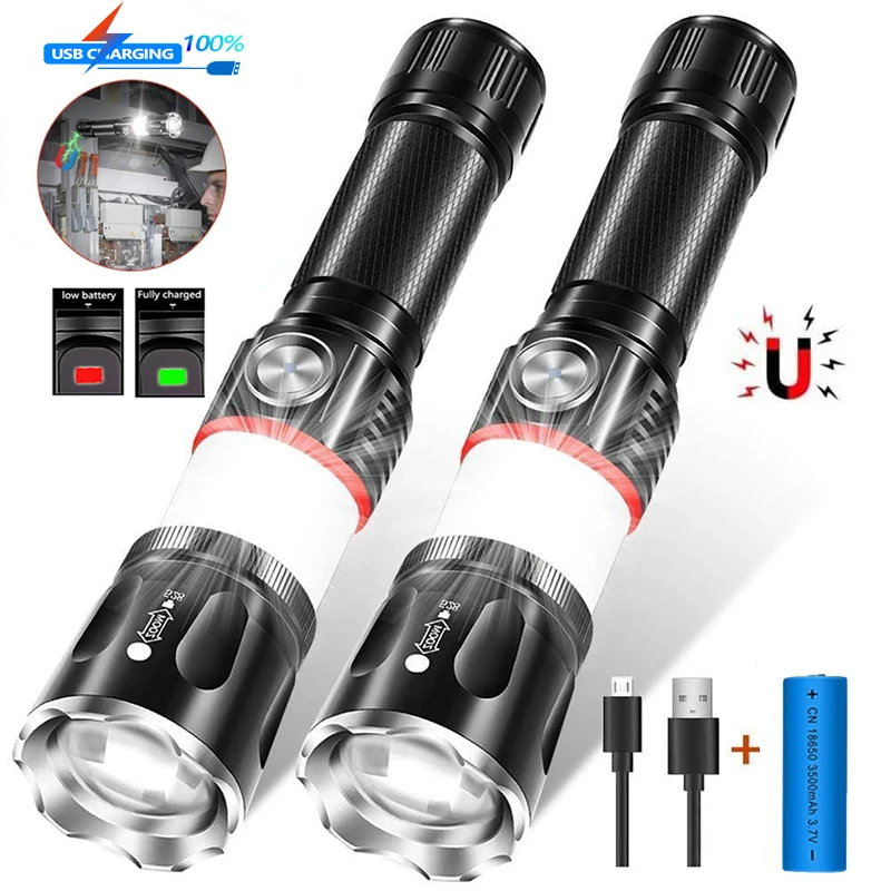 

Rechargeable LED Flashlight With Surrounding COB lamp and Tail magnet T6 L2 4 lighting modes Waterproof Camping Zoom Torch