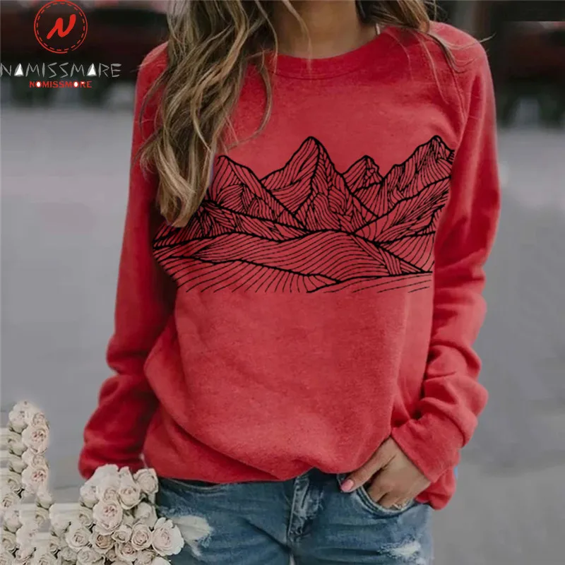 

Fashion Women Casual Loose Hoodies O-Neck Long Sleeve Mountain Print Spring Autumn Pullovers Top