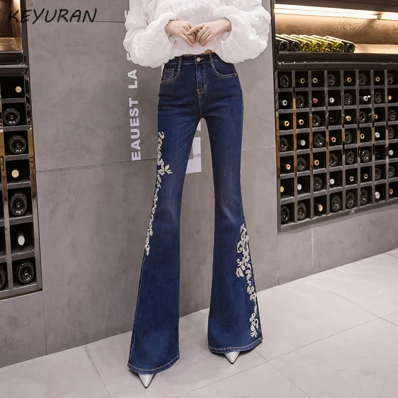 Женские эластичные джинсы клеш с вышивкой в национальном стиле большие
