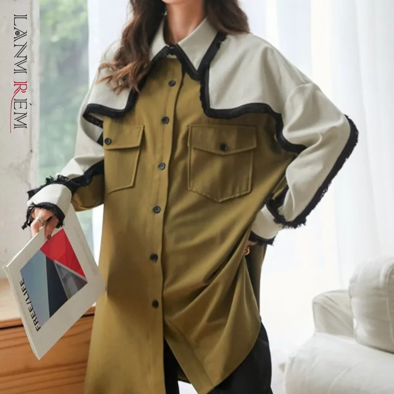 

LANMREM 2023 Spring tops single-breasted vintage color block patchwork new square collar loose slimming mid-length shirt 2A258