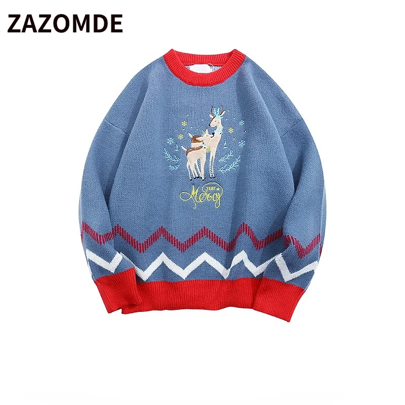 

ZAZOMDE Winter Pullovers Sweaters Creative Christmas Elk Knitted Streetwear Oversized Harajuku Embroidery Knitwear Sweaters Men