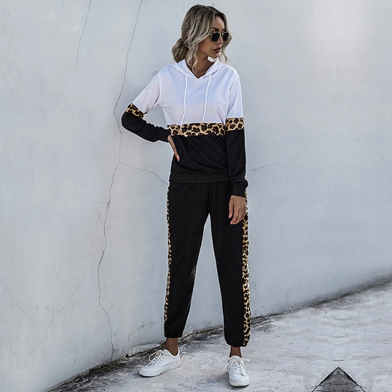 Woman Leopard Patchwork Hoodies 2 Piece Set Pocket Long Sleeve Sweatshirt Top and Pants Suit Casual Tracksuit |