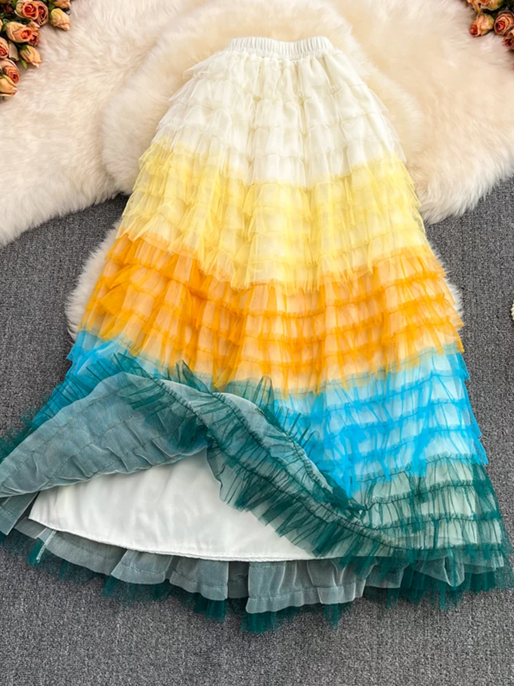 Женская длинная сетчатая юбка-пачка TIGENA юбка с радужным градиентом и высокой