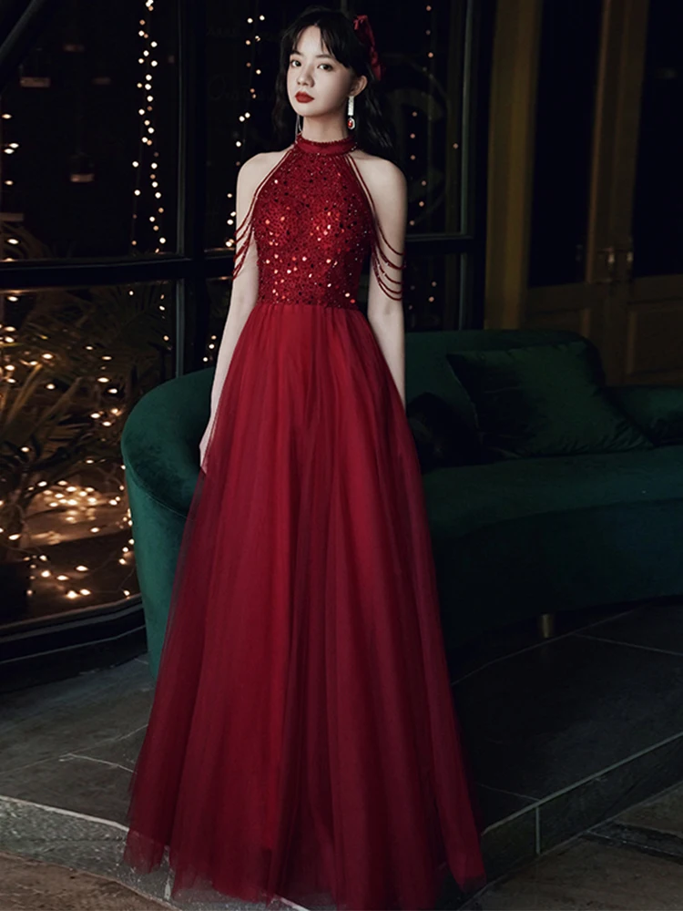 

Sexy Halter Evening Dresses Long 2021 Sleeveless A-line Floor-lengt Sequin Tulle Women Prom Party Dresses For Graduation