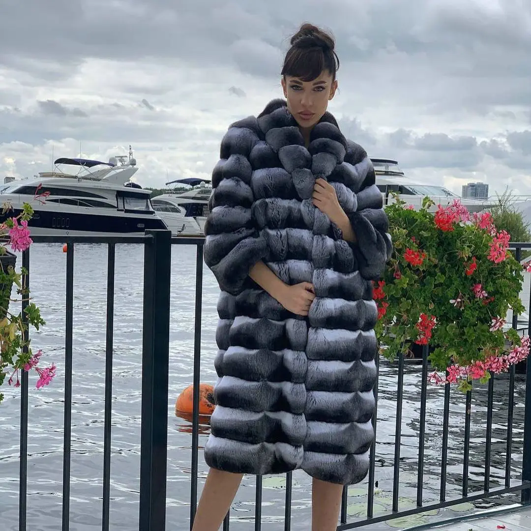 Long Real Rex Rabbit Fur Coat Chinchilla Color Natural Women Whole Skin Genuine Rex Rabbit Fur Overcoat Luxury Fur Coats Female