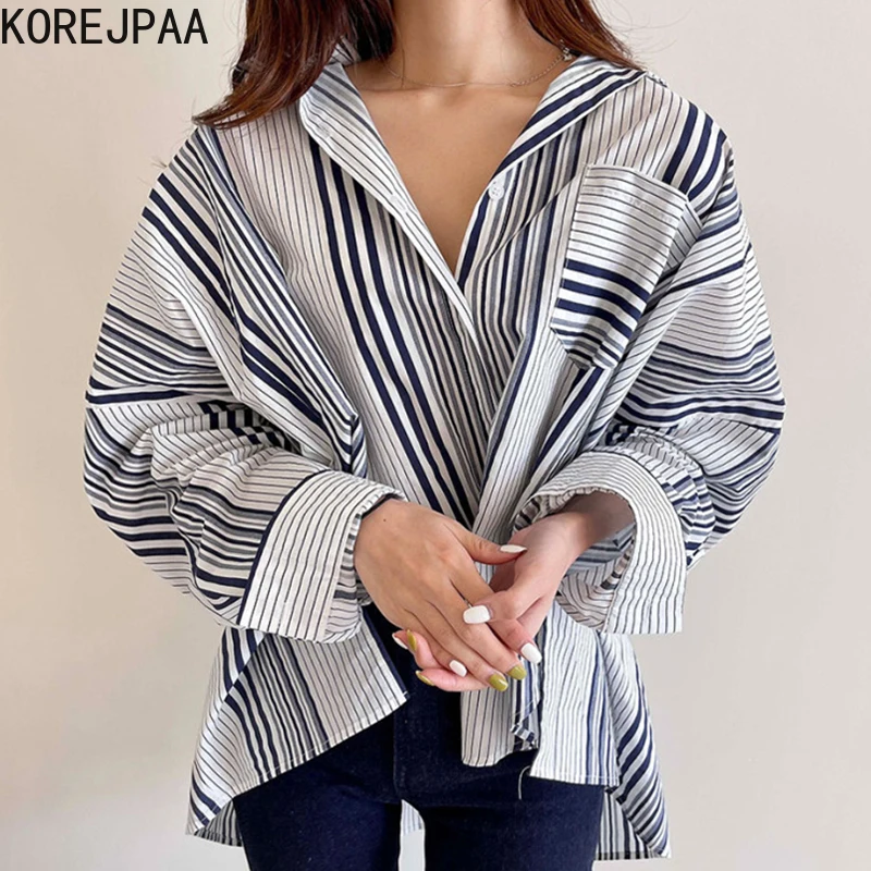 

Корейская женская рубашка 2021 Осень Корейская Повседневная рубашка в контрастную полоску с отворотом дизайнерская свободная универсальная...