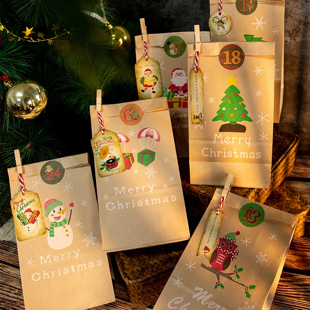 

24Sets Merry Christmas Kraft Gift Bags Santa Claus Xmas Party Favor Bag With Advent Calendar Number Sticker Wrapping Supplies