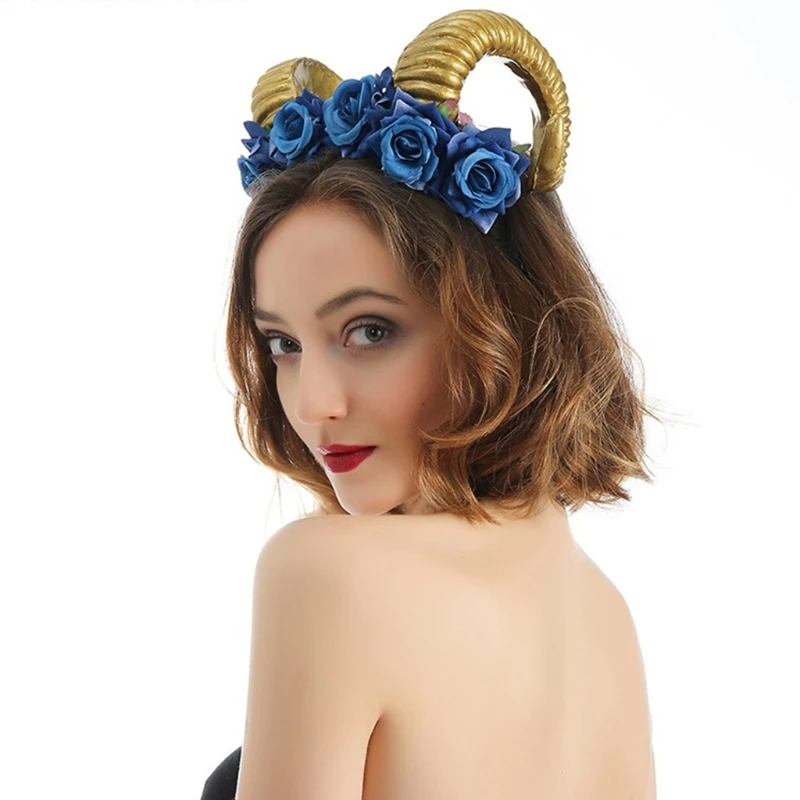 

Аксессуары для волос для косплея на Хэллоуин, повязка на голову из рога бычьей овцы, корона, искусственный цветок, готический головной убор ...