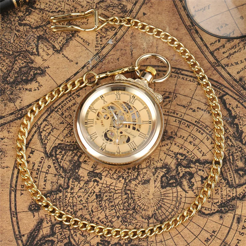 Antique Gold Men Women Hand-Wind Mechanical Pocket Watch Open Face Luminous Hands Roman Number Dial Pendant Chain Clock Gift