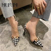 niufuni houndstooth metal pearl buckle transparent pvc womens shoes lattice stiletto high heels slip on sexy party ladies shoes