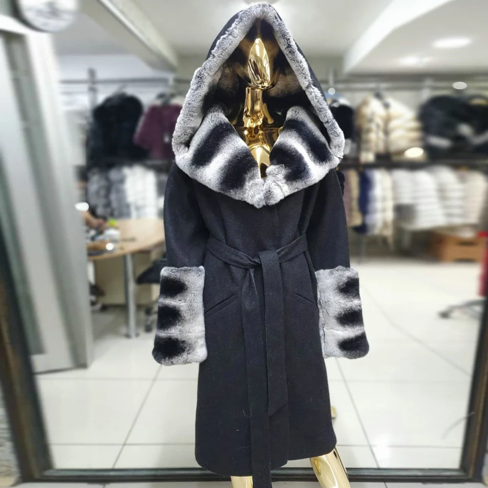 Long Black Wool Blends Coat with Real Rex Rabbit Fur Hood Thick Warm Outwear Winter Fashion Genuine Rex Rabbit Fur Cashmere Coat enlarge