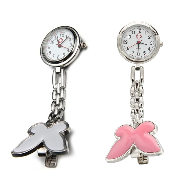 

2 Pcs Nurses Clock Heart Rate Monitor Pocket Watch Quartz Butterfly Motive White & Pink