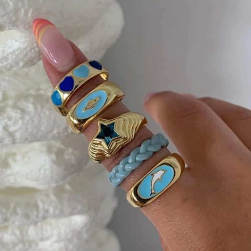 

Fashion Chunky Aesthetic Y2K Love Heart Star Rings for Women Girl Gold Color Drip Oil Enamel Metal Finger Ring Jewelry