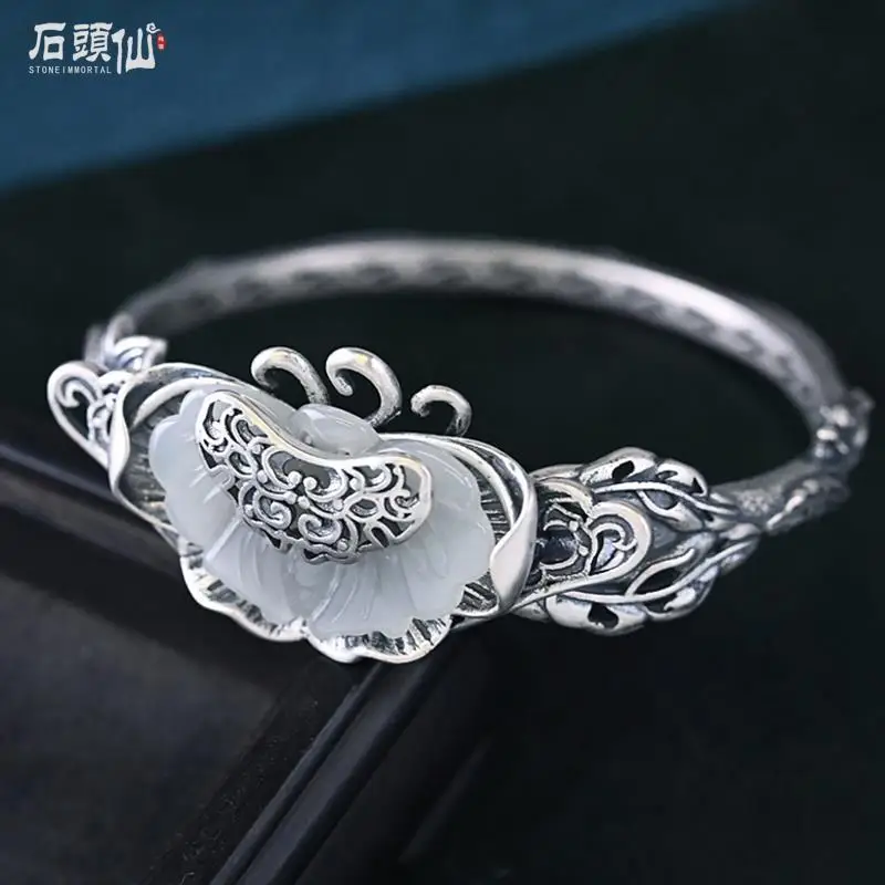 

Silver Bracelet for Women Exaggerated Personalized Vintage Hetian Jade Butterfly Inlaid Ruyi Ethnic Style Ancient Style Temperam