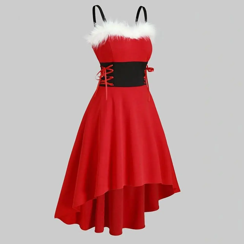 

Christmas Dress Women Autumn Sleeveless Spaghetti Strap Shoulder Straps Waist Tight High Low Hem Party Dress Christmas Costume