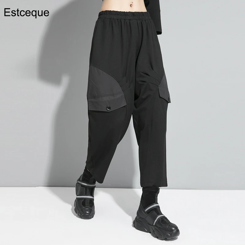 

2020 New women's calf-length pants kpop female black parm pants plus size loose elastic waist patchwork pants