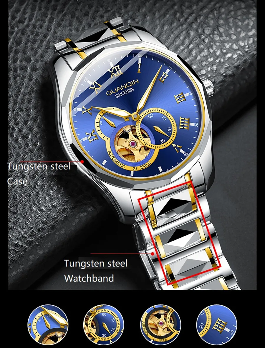 GUANQIN Japan MIYOTA Quartz Movement Automatic Mechanical Watch Men Luxury Tungsten Steel Push Button Hidden Clasp Male Clock