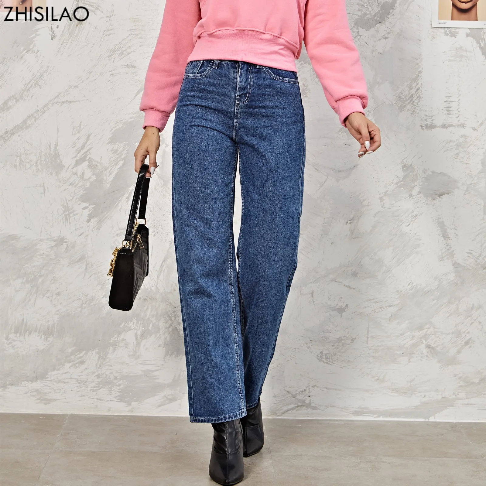 Новые прямые джинсы ZHISILAO женские винтажные свободные синие потертые джинсовые