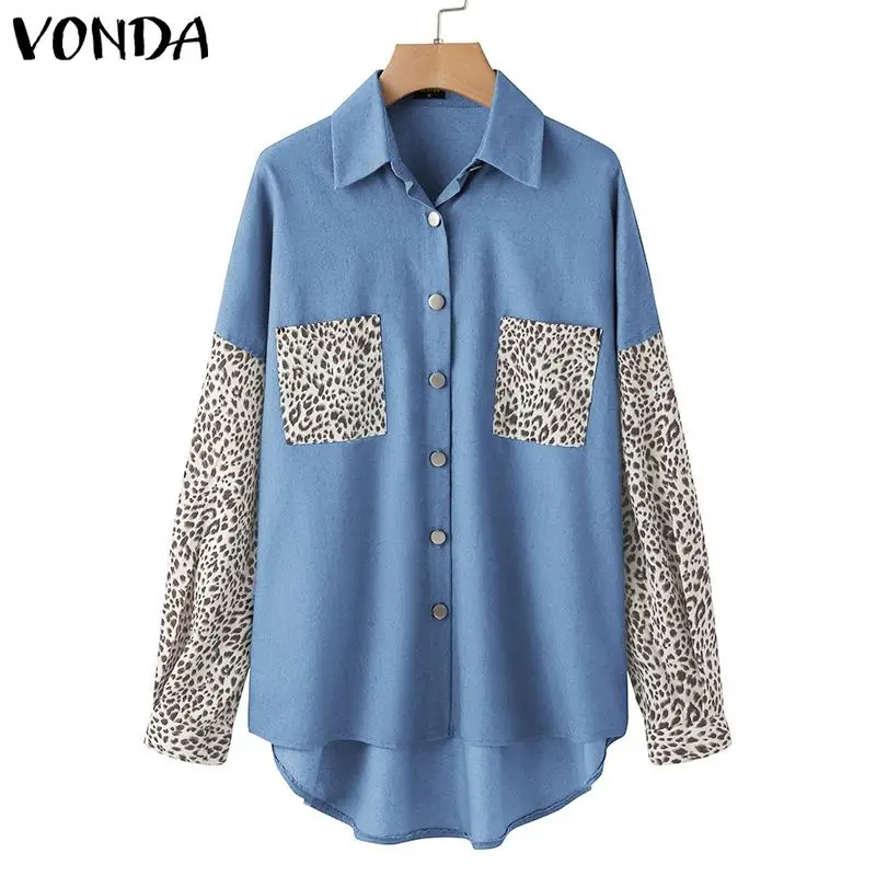 

Women Blouse 2021 VONDA Casual Lapel Collar Leopard Printed Party Shirts Office Ladies Tops Long Sleeve Blusas Femininas