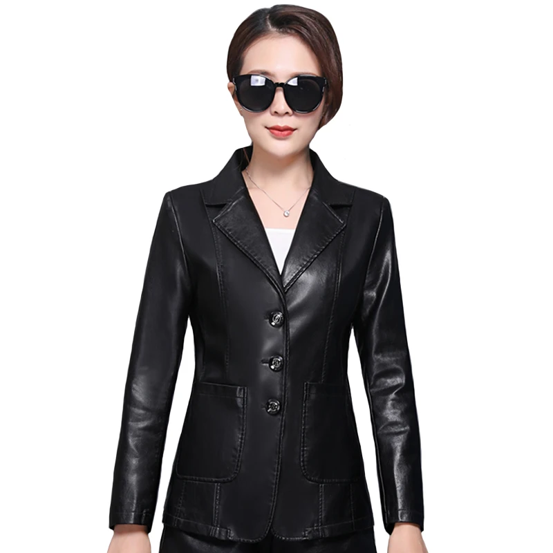 

2021 Women Leather Blazers and Jackets Elegant Turn-down Collar Soft Pu Leather Coat Women Black Leather Jacket