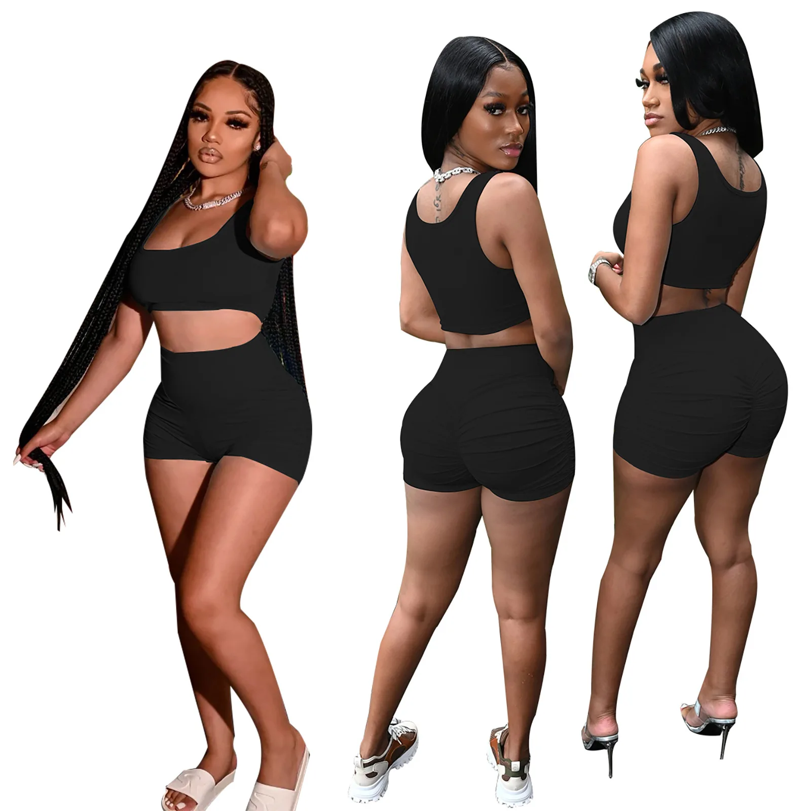 

European and American Women's Clothing Breathable and Sweat Absorbing Cotton Vest Shorts Sportswear Cotton Two Set Piece