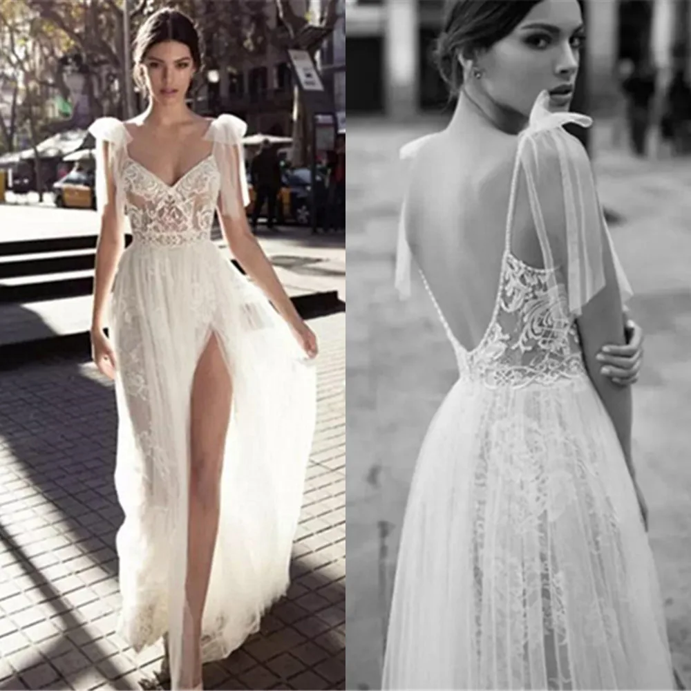 

Wedding Dresses NEW High Slit Backless Bohemia Sexy Spaghetti Neckline Lace Appliqued Bridal Gowns Plus Size vestido de noiva