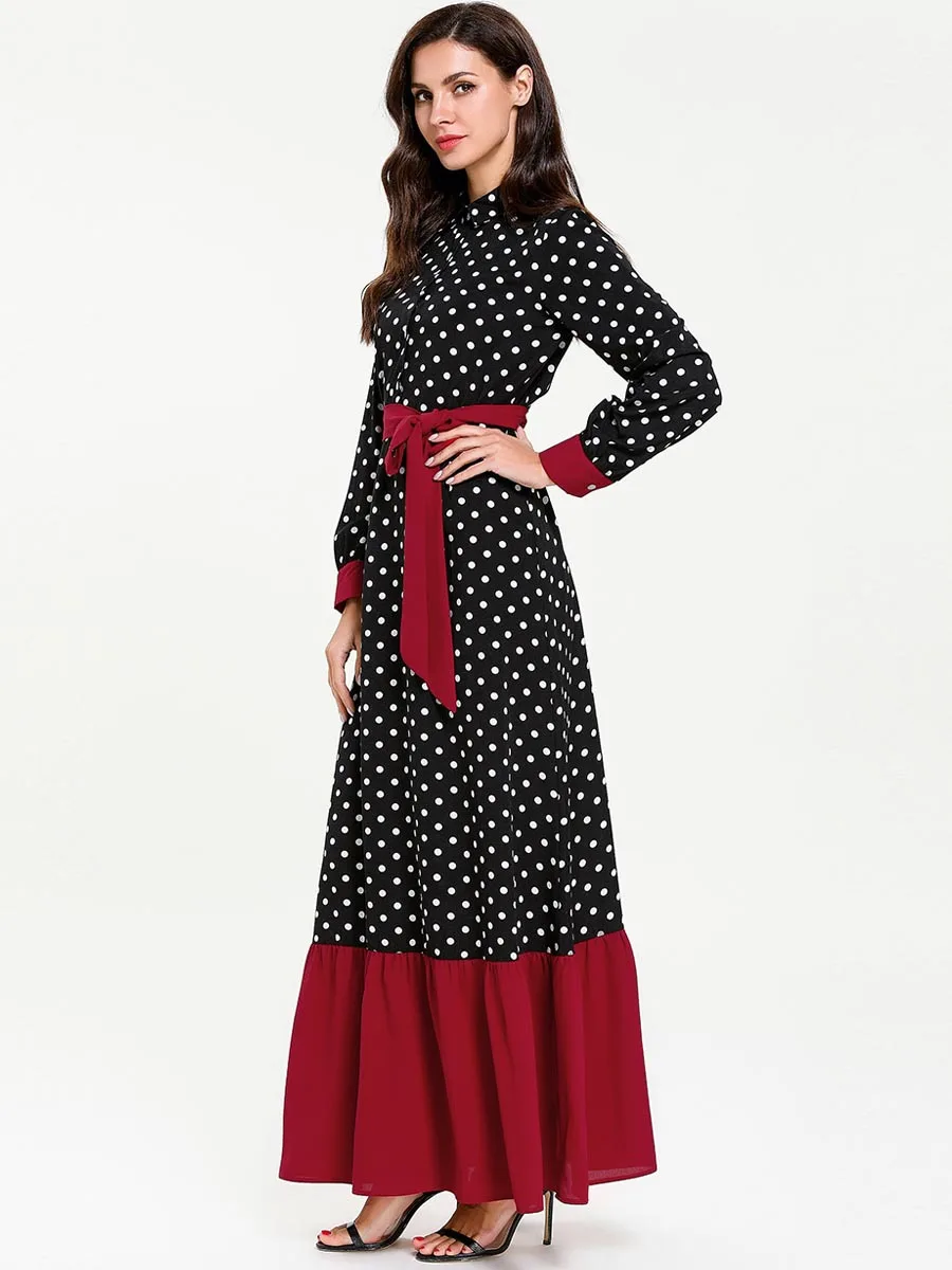 Абая турецкий осеннее платье модное простое черное в горошек со шнуровкой