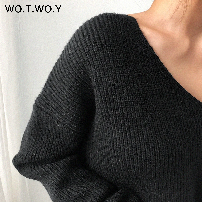 WOTWOY осень зима базовый вязаный синий белый свитер для женщин модные повседневные женские пуловеры с v-образным вырезом корейские женские джемперы